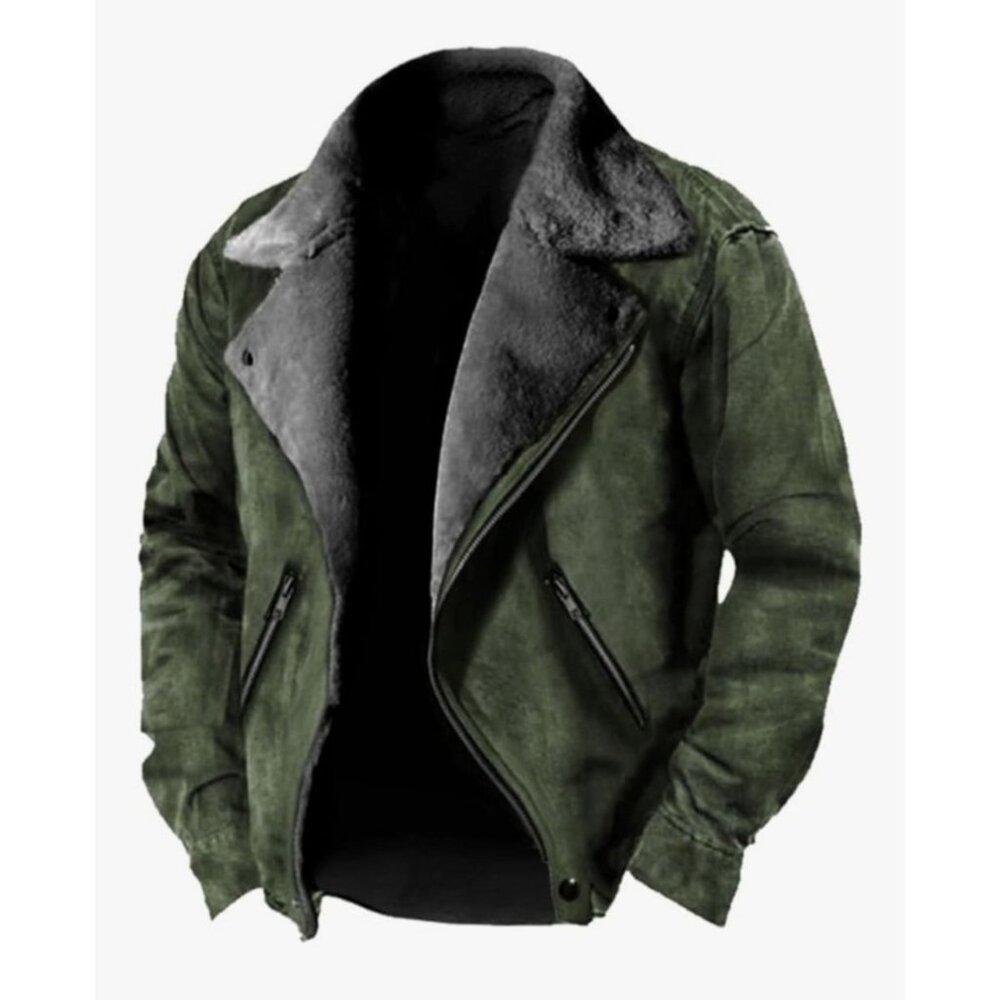 Adhdyuud Mens Faux Suede & Faux Fur Green Biker Jacket XXL